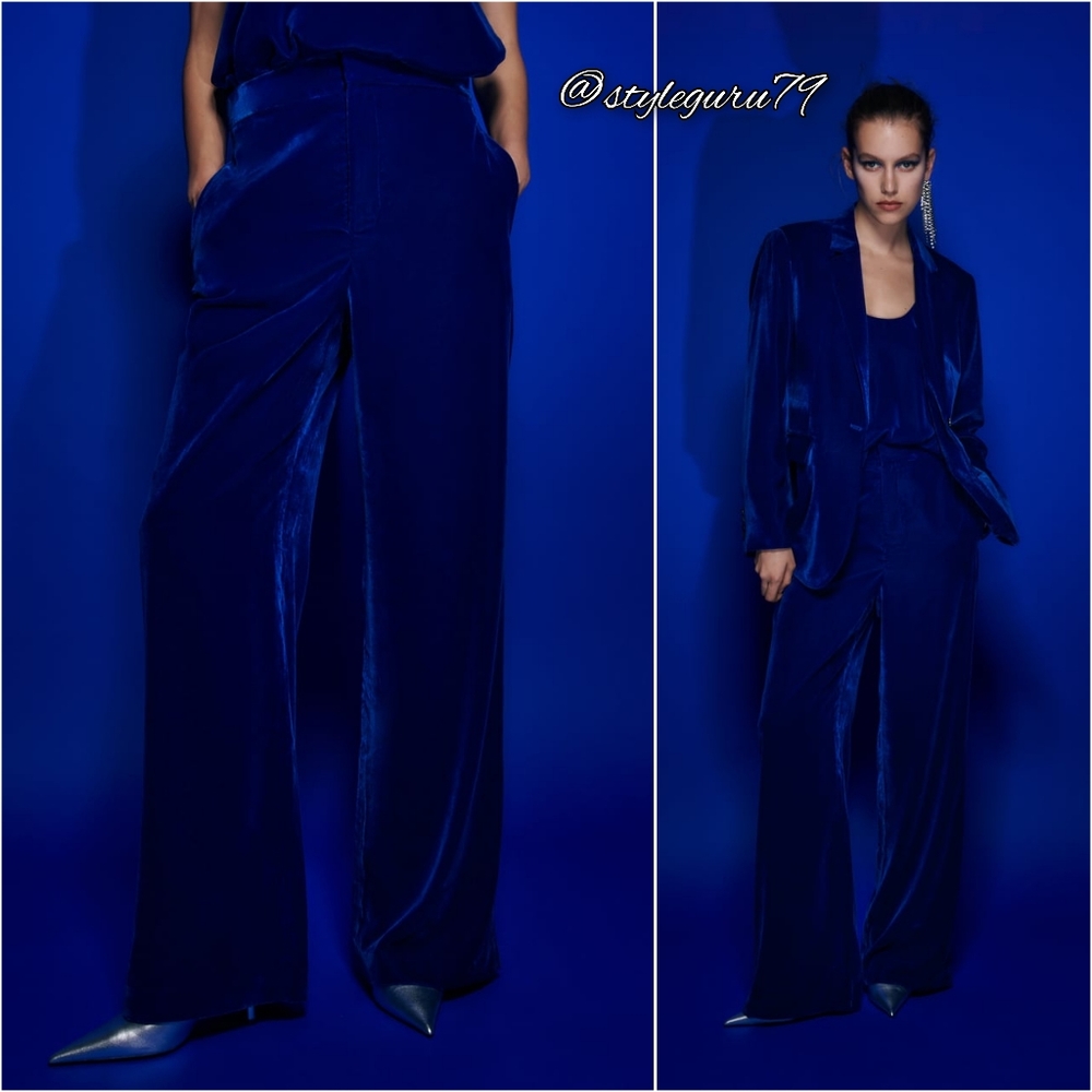 NWT, ZARA, Blue Flowing Velvet Trousers